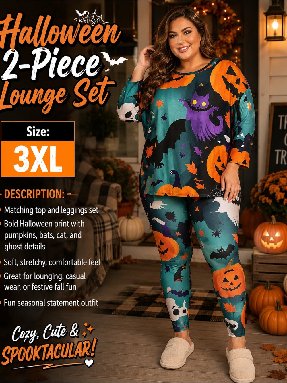 Girls' Halloween 2-Piece Pajama Set in Orange & Teal